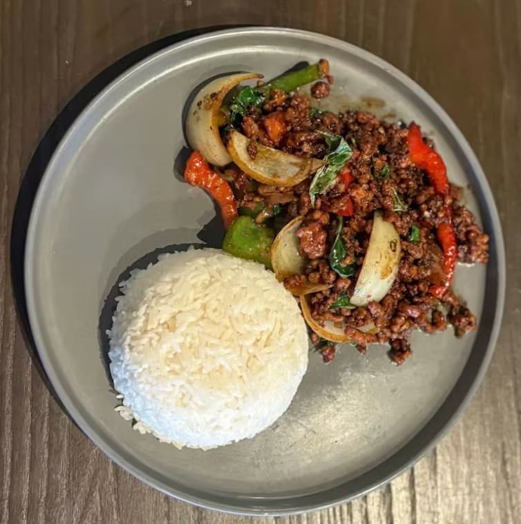 Pad Kra Pao Moo Sub on Rice