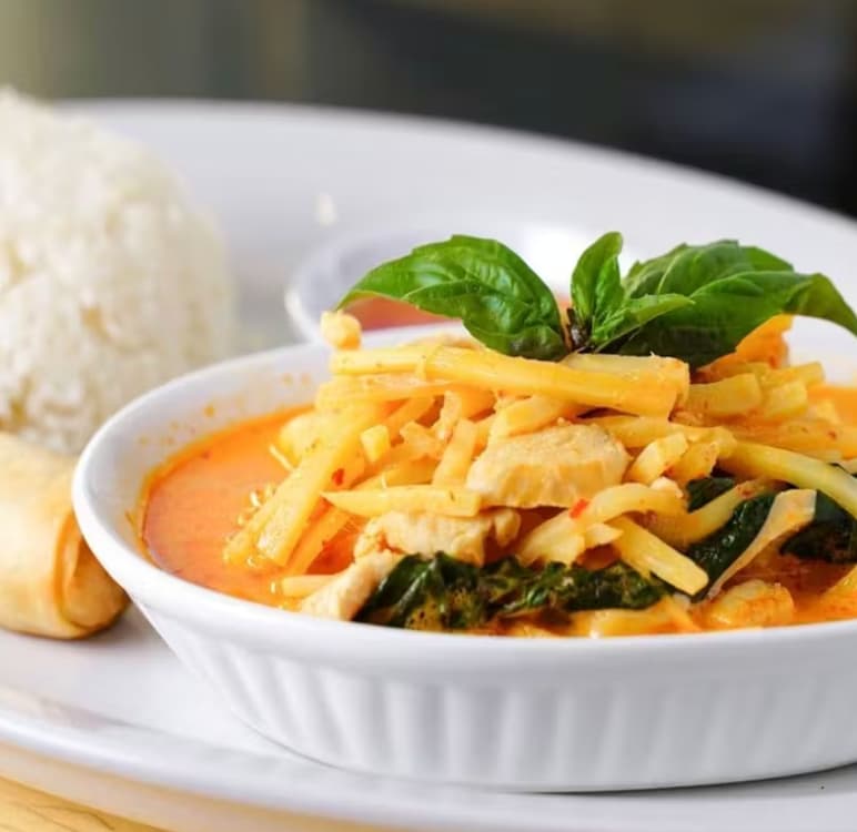 Red Curry with Bamboo Shoots, Bell Peppers and Basil Leaves